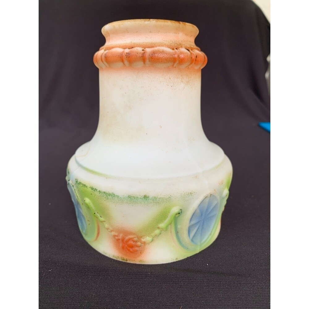 Antique Victorian Glass Lamp Light Shade Blue Green Salmon Floral Swags